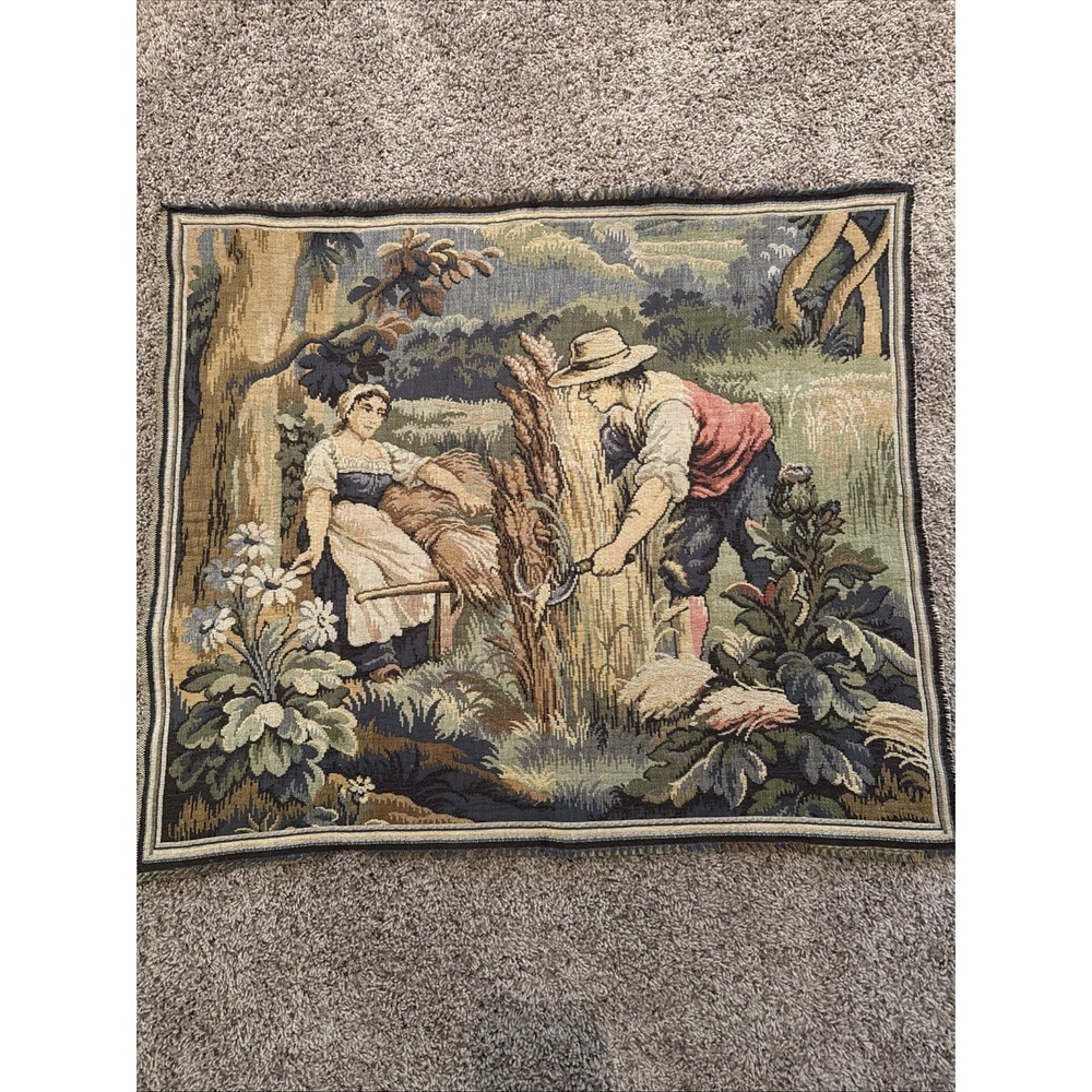 Vintage European Pastoral Woven Wall Art Tapestry Scenic Harvesting‎ Wheat